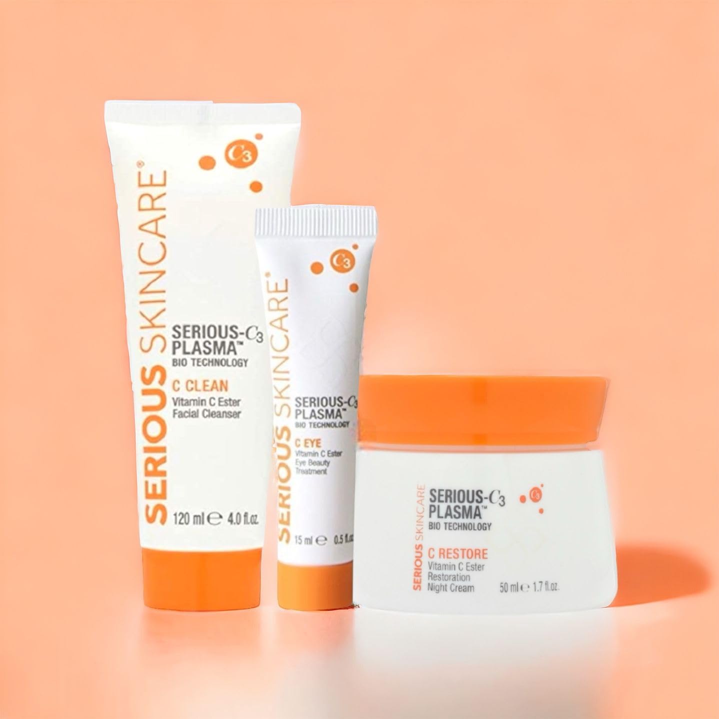 Serious Skincare - Serious C3 Vitamin C Plasma Night Trio Set - C-Restore Night Cream, C Eye Beauty Treatment and C Clean Facial Cleanser - Fine Lines, Mature Dry Skin - Smoother Radiant Skin