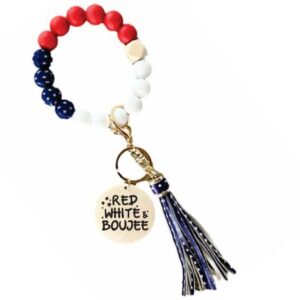 PERSONALIZED Keychain PATRIOTIC, Beaded Wooden, Wristlet Key Ring with Tassel, great Gift FREE SHIPPING (Design C3)