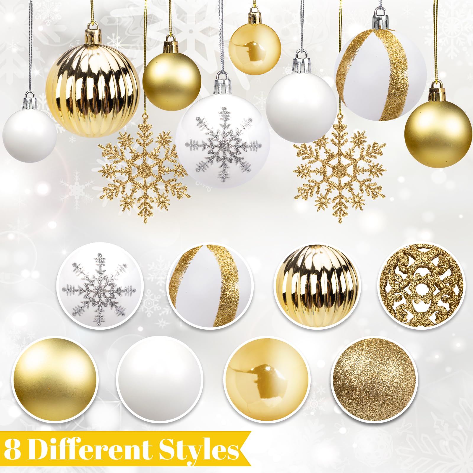 DomeStar 100PCS Christmas Tree Ornaments, Christmas Ball Set Glitter Shatterproof Baubles Snowflakes Gold White for Xmas Tree Wreath Christmas Party Wedding
