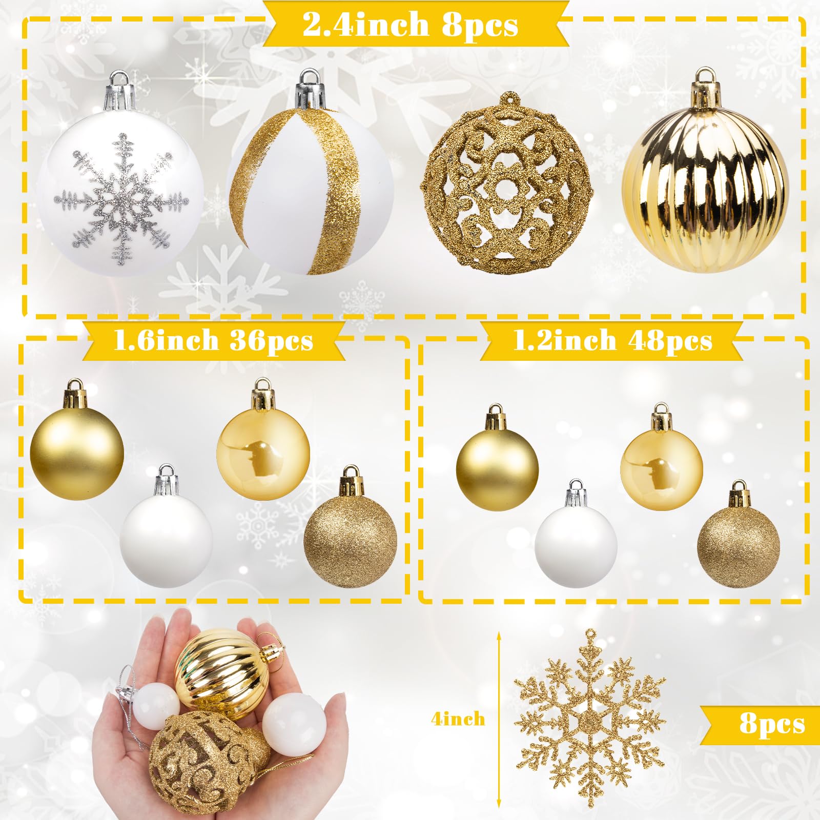 DomeStar 100PCS Christmas Tree Ornaments, Christmas Ball Set Glitter Shatterproof Baubles Snowflakes Gold White for Xmas Tree Wreath Christmas Party Wedding