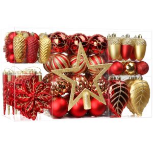 SHareconn 106pcs Christmas BaublesOrnaments Set,Shatterproof Plastic DecorativeBaubles for Christmas Tree Decorations,Holiday Wedding Party Decoration with HooksIncluded,Red & Gold