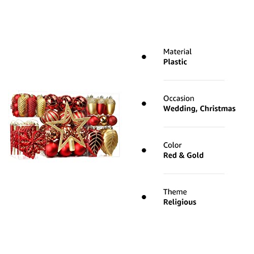 SHareconn 106pcs Christmas BaublesOrnaments Set,Shatterproof Plastic DecorativeBaubles for Christmas Tree Decorations,Holiday Wedding Party Decoration with HooksIncluded,Red & Gold