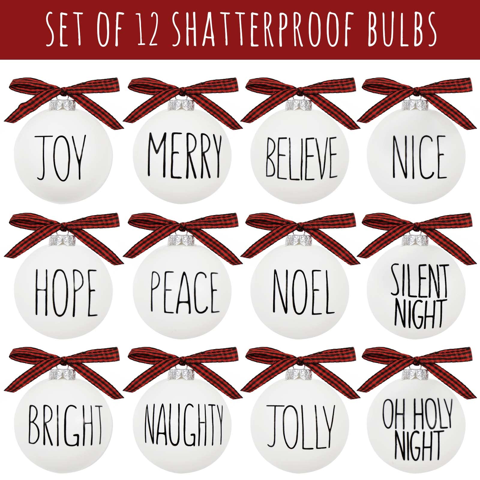 Christmas Ornaments - Set of 12 Shatterproof White Bulbs Adorned with Buffalo Plaid Bows - Rustic Farmhouse Christmas Tree Decorations for Xmas Tree Decor