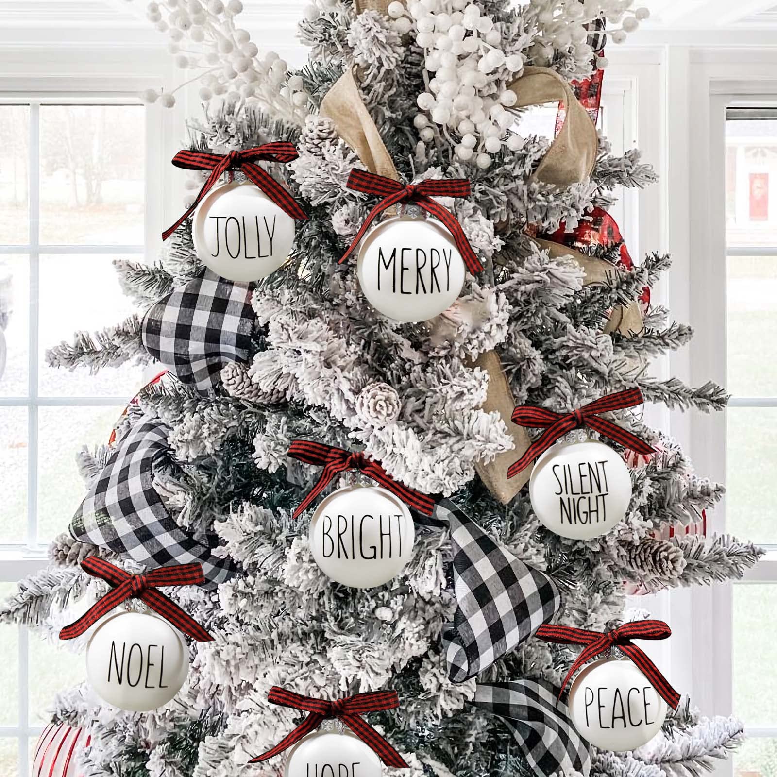 Christmas Ornaments - Set of 12 Shatterproof White Bulbs Adorned with Buffalo Plaid Bows - Rustic Farmhouse Christmas Tree Decorations for Xmas Tree Decor