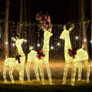 3-piece christmas reindeer family set, warm white lighted christmas decoration outdoor, waterproof christmas deer decor for yard patio lawn garden party