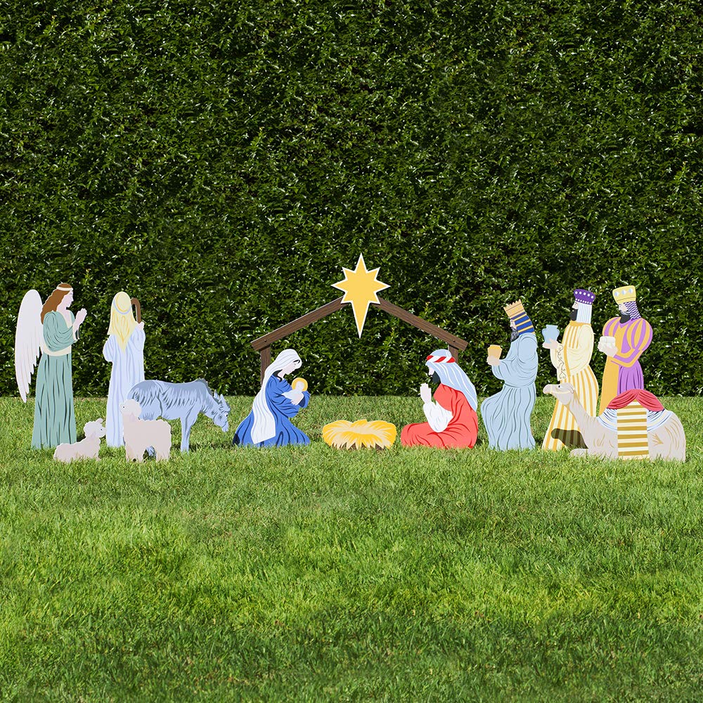 Outdoor Nativity Store Complete Nativity Scene - 12 Weatherproof Nativity Set Figures for Outdoor Christmas Decoration - Easy to Assemble & Store - Standard, Colorful