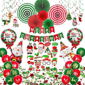 Christmas Party Decorations Supplies, 74 pcs Xmas Decorations Set - Including Paper Fans, Hanging Swirls, Photo Booth Props, Balloons, Confetti and Banner