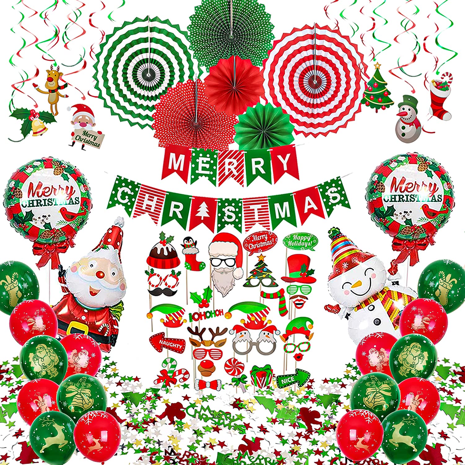 Christmas Party Decorations Supplies, 74 pcs Xmas Decorations Set - Including Paper Fans, Hanging Swirls, Photo Booth Props, Balloons, Confetti and Banner