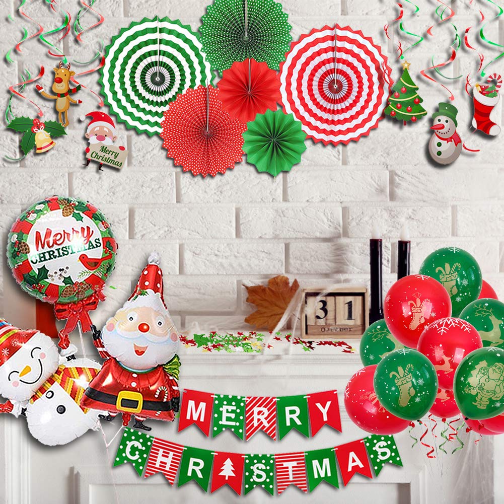 Christmas Party Decorations Supplies, 74 pcs Xmas Decorations Set - Including Paper Fans, Hanging Swirls, Photo Booth Props, Balloons, Confetti and Banner