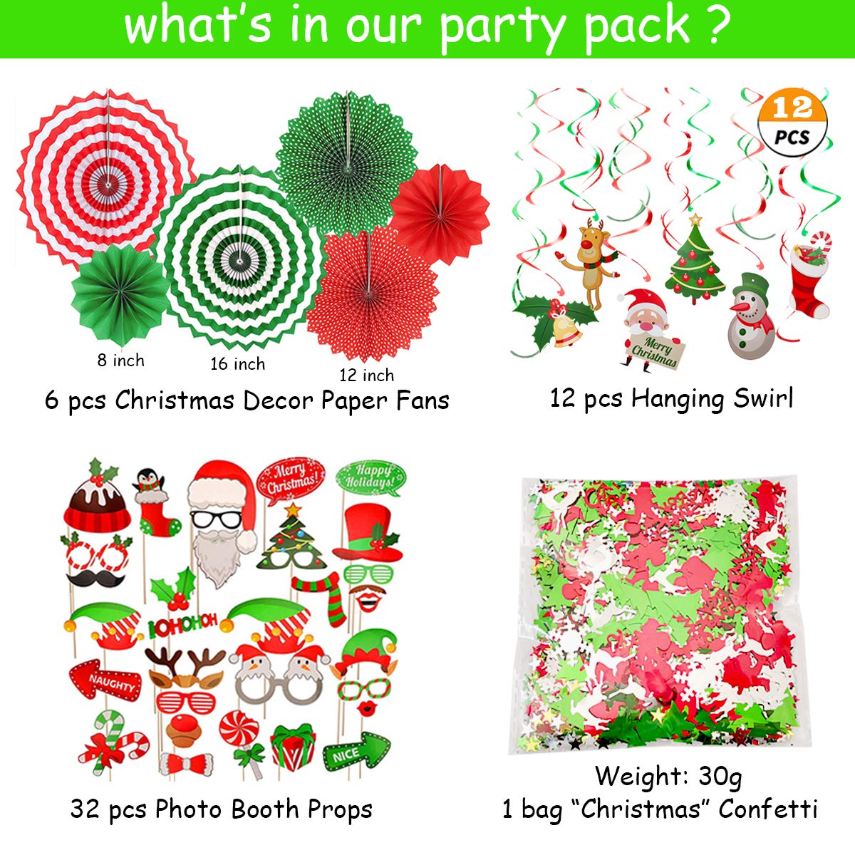 Christmas Party Decorations Supplies, 74 pcs Xmas Decorations Set - Including Paper Fans, Hanging Swirls, Photo Booth Props, Balloons, Confetti and Banner