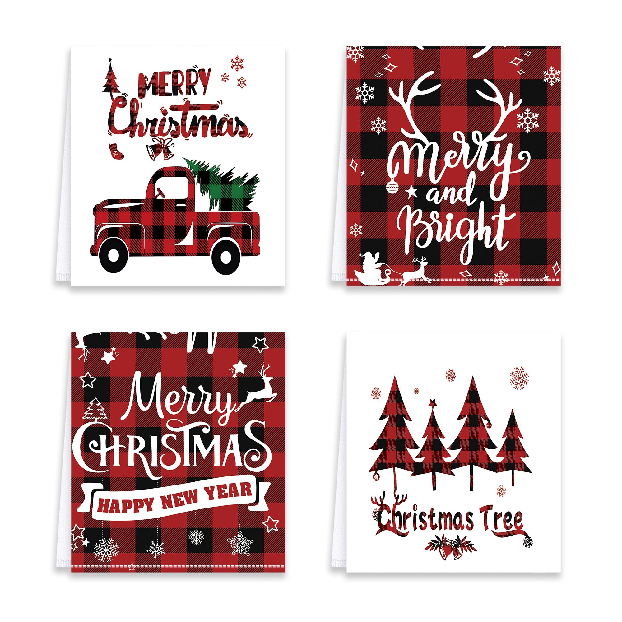 Miryoku Christmas Kitchen Towels Dish Towels Set of 4 Red White Merry Christmas Black Red Plaid Xmas Holiday Decorative Dishcloths Tea Towels for Home Decorations