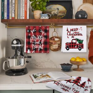 Miryoku Christmas Kitchen Towels Dish Towels Set of 4 Red White Merry Christmas Black Red Plaid Xmas Holiday Decorative Dishcloths Tea Towels for Home Decorations