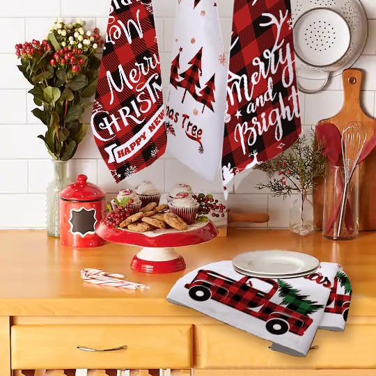 Miryoku Christmas Kitchen Towels Dish Towels Set of 4 Red White Merry Christmas Black Red Plaid Xmas Holiday Decorative Dishcloths Tea Towels for Home Decorations