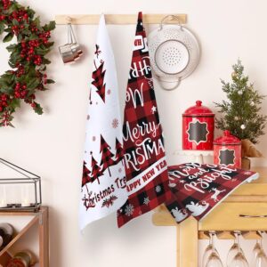 Miryoku Christmas Kitchen Towels Dish Towels Set of 4 Red White Merry Christmas Black Red Plaid Xmas Holiday Decorative Dishcloths Tea Towels for Home Decorations