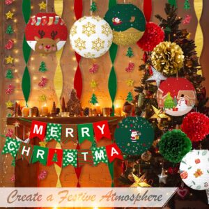YIOTJUNL Christmas Decorations Party Paper Lanterns Set,Red and Green Pom Poms Christmas Decorations,Merry Christsmas Banner for Christmas Party Decor…