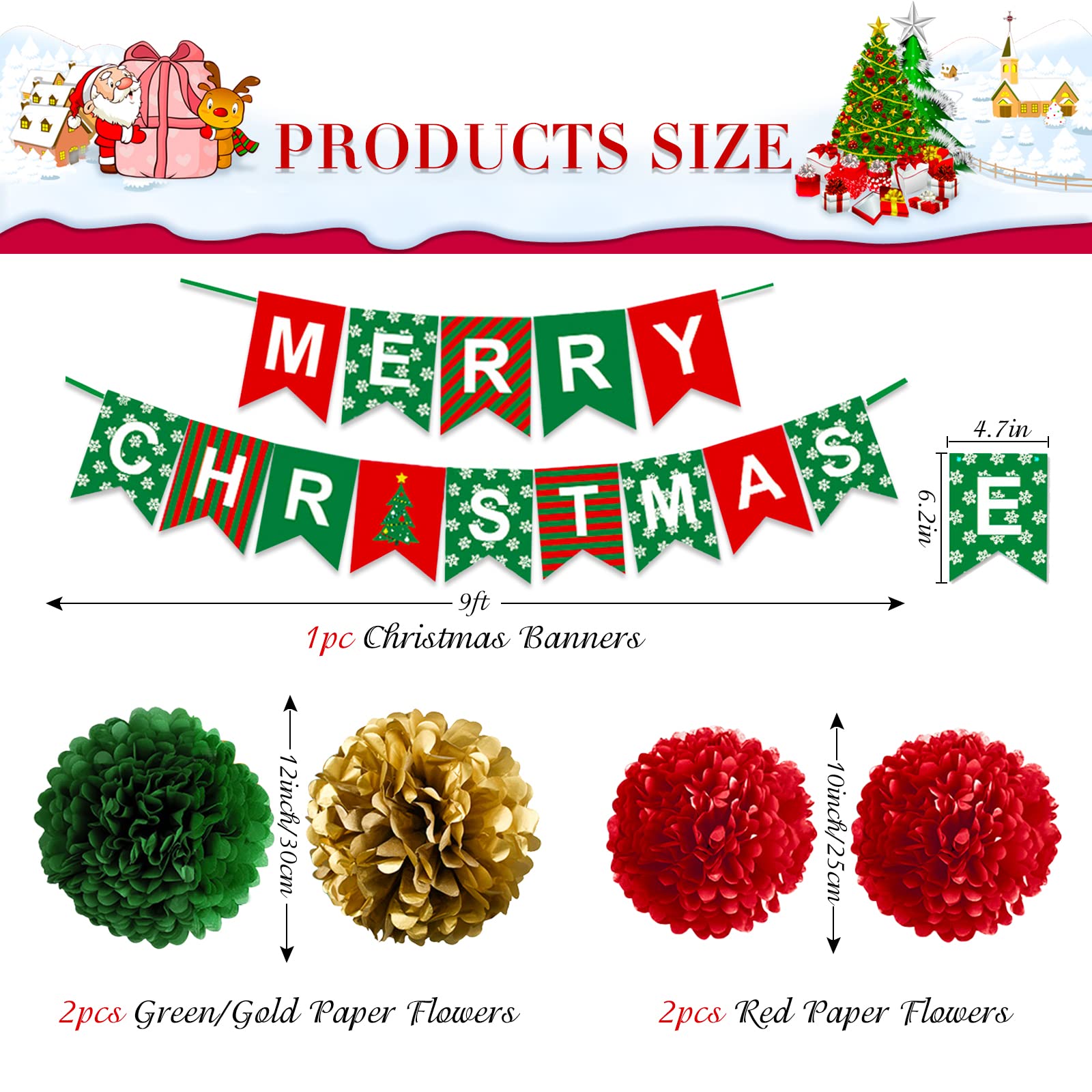 YIOTJUNL Christmas Decorations Party Paper Lanterns Set,Red and Green Pom Poms Christmas Decorations,Merry Christsmas Banner for Christmas Party Decor…