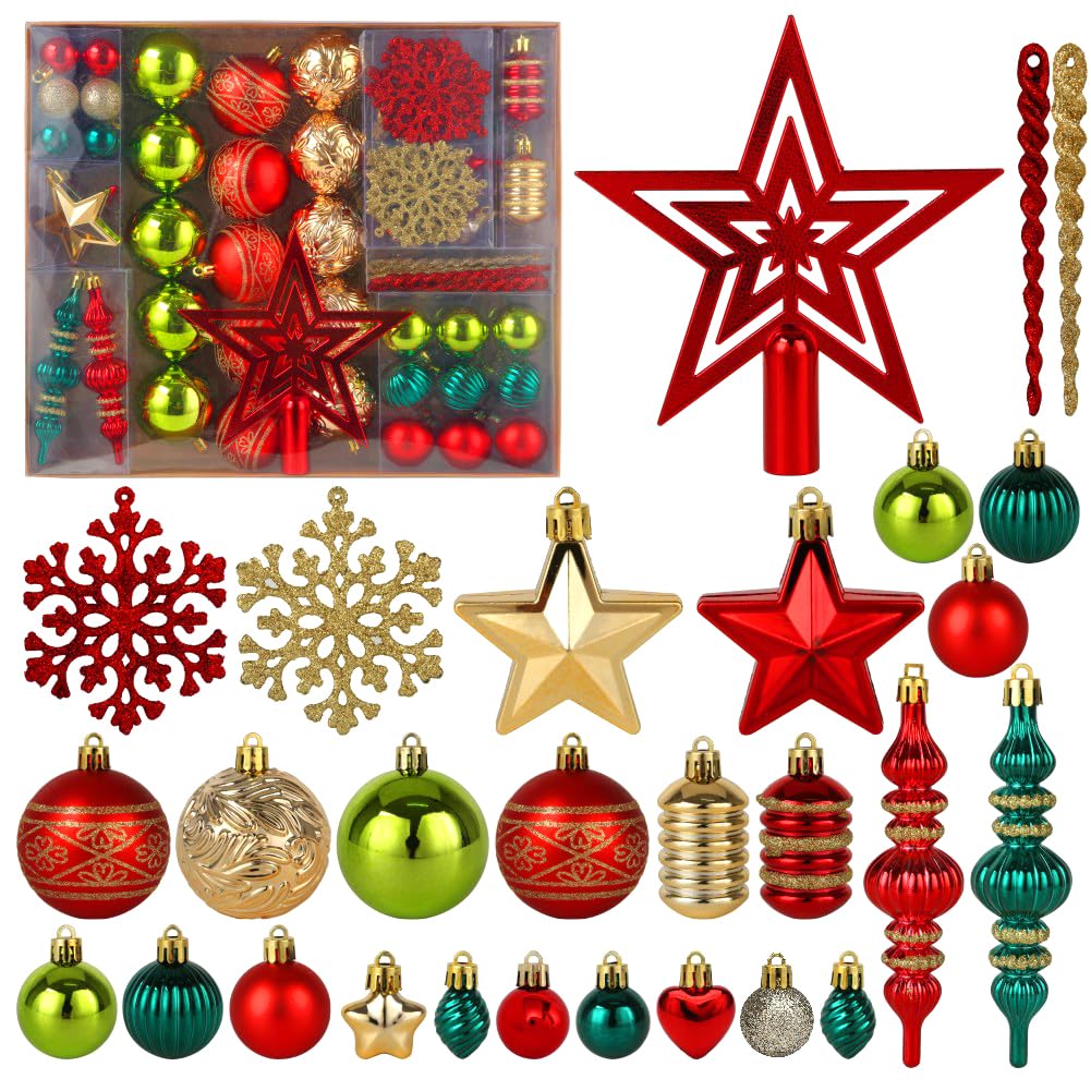 Christmas Tree Ornaments 78 Pack Christmas Tree Decorations Red and Green Gold Christmas Ball Shatterproof Hanging Tree Ornament Set Assorted Set with Hooks