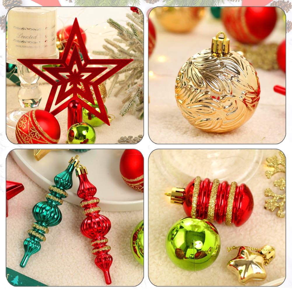 Christmas Tree Ornaments 78 Pack Christmas Tree Decorations Red and Green Gold Christmas Ball Shatterproof Hanging Tree Ornament Set Assorted Set with Hooks