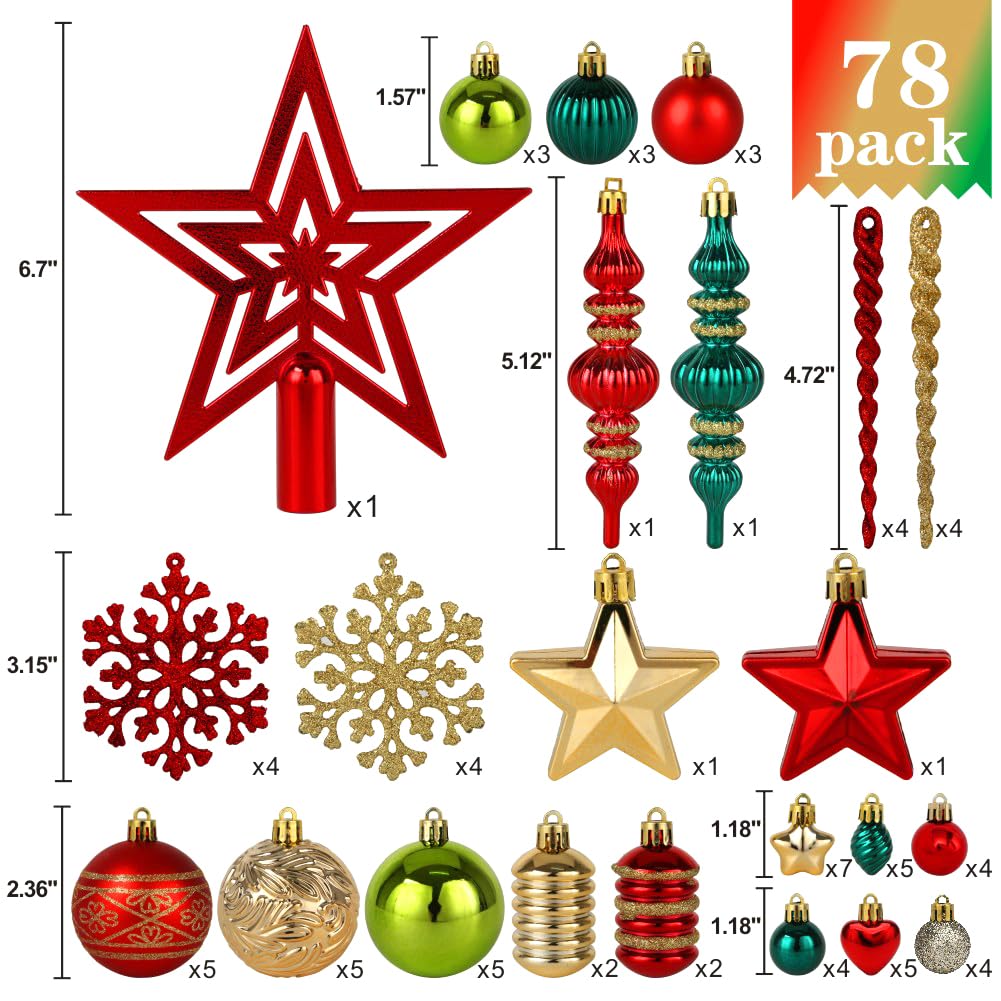 Christmas Tree Ornaments 78 Pack Christmas Tree Decorations Red and Green Gold Christmas Ball Shatterproof Hanging Tree Ornament Set Assorted Set with Hooks