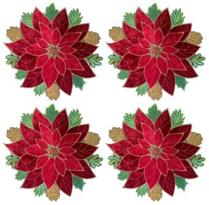 keva holiday christmas placemats set of 4, embroidered red velvet poinsettia cutwork christmas table decorations for home and kitchen, red placemats 16inch round