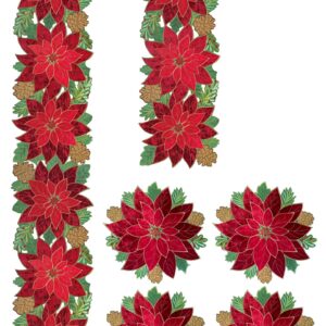 KEVA Holiday Christmas Placemats Set of 4, Embroidered Red Velvet Poinsettia Cutwork Christmas Table Decorations for Home and Kitchen, Red Placemats 16inch Round