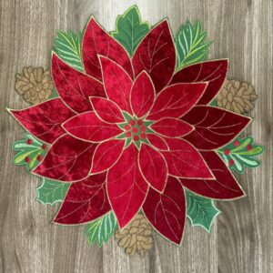 KEVA Holiday Christmas Placemats Set of 4, Embroidered Red Velvet Poinsettia Cutwork Christmas Table Decorations for Home and Kitchen, Red Placemats 16inch Round