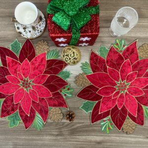 KEVA Holiday Christmas Placemats Set of 4, Embroidered Red Velvet Poinsettia Cutwork Christmas Table Decorations for Home and Kitchen, Red Placemats 16inch Round