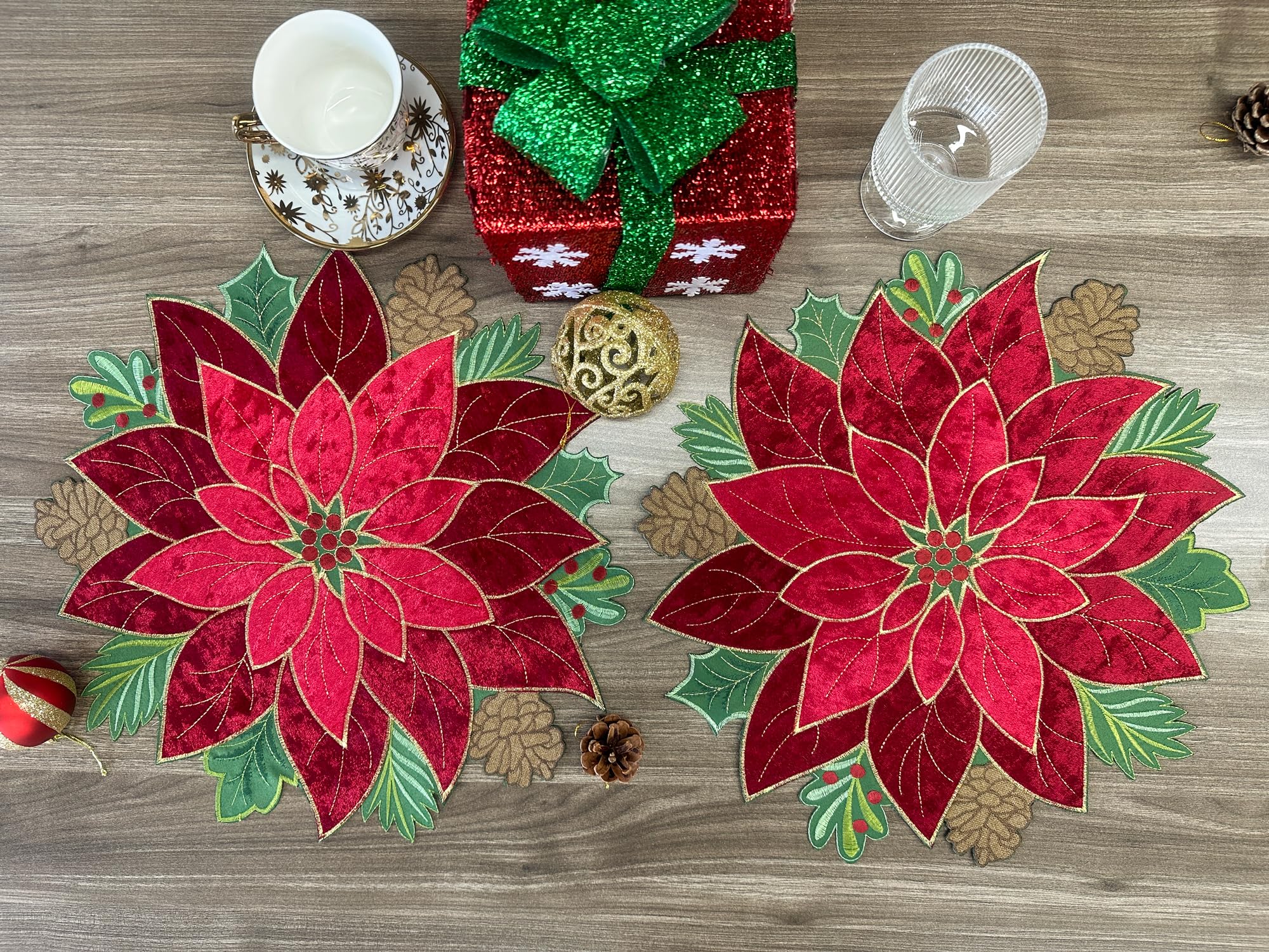 KEVA Holiday Christmas Placemats Set of 4, Embroidered Red Velvet Poinsettia Cutwork Christmas Table Decorations for Home and Kitchen, Red Placemats 16inch Round