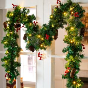 9ft christmas garland decoration with 50 warm led lights,pre-lit lighted christmas garland decorated with pine cones for xmas stairs fireplaces