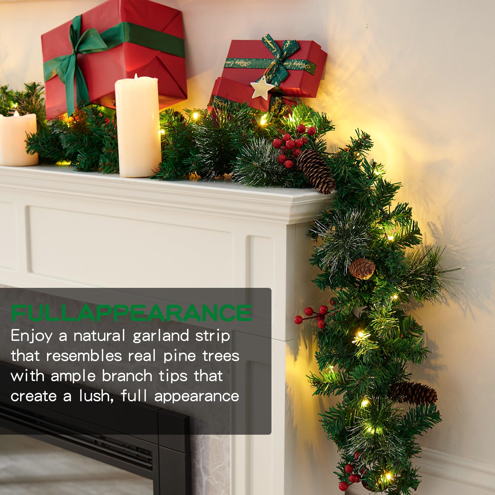 9FT Christmas Garland Decoration with 50 Warm Led Lights,Pre-Lit Lighted Christmas Garland Decorated with Pine Cones for Xmas Stairs Fireplaces