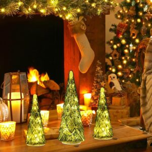 Christmas Decorations Indoor, YEAHOME Set of 3 Pre-lit Green Glass Christmas Tree for Home Decor, Christmas Table Decorations Lighted Xmas Tree with Timer for Living Room Mantel Tabletop Party