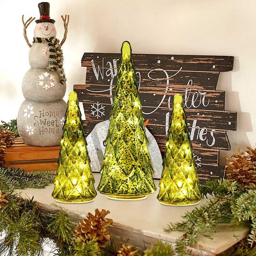 Christmas Decorations Indoor, YEAHOME Set of 3 Pre-lit Green Glass Christmas Tree for Home Decor, Christmas Table Decorations Lighted Xmas Tree with Timer for Living Room Mantel Tabletop Party