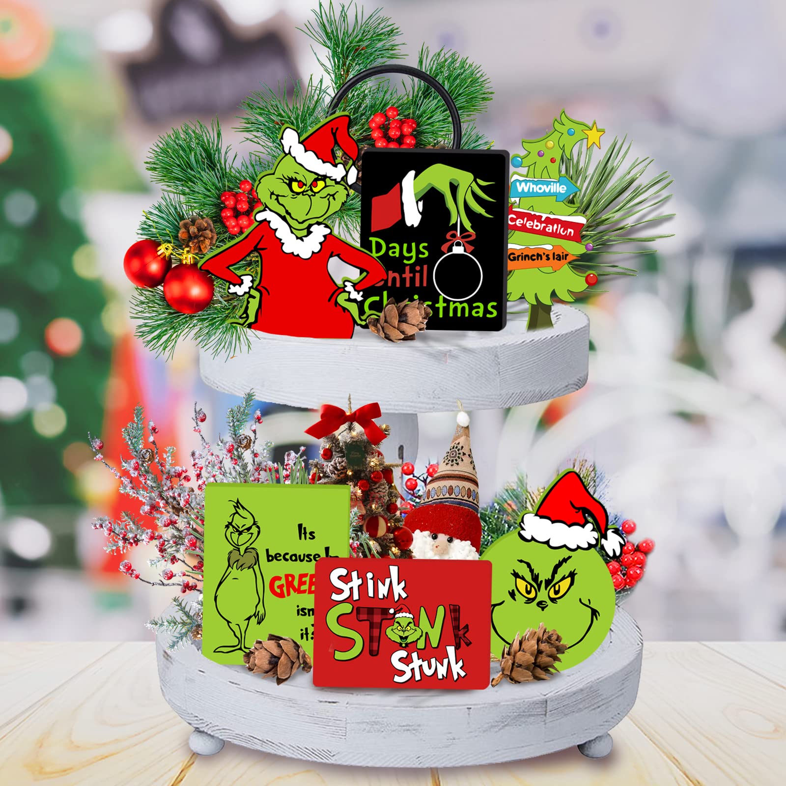 Christmas Tiered Tray Decorations - 6pcs Wooden Signs Table Centerpieces for Holiday Indoor Home Table Top Decorations