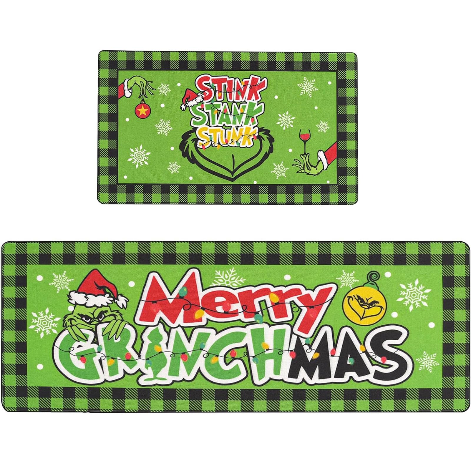 DIFKLMOX Merry Christmas Kitchen Rugs Kitchen Mat Set of 2, Christmas Red & Green Kitchen Decoration, Non Slip Absorbent Kitchen Mats for Floor Washable Runner Rug for Sink, Laundry Room