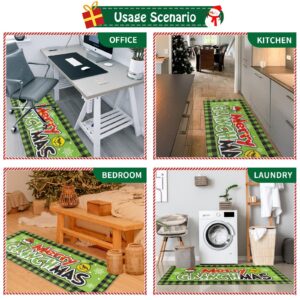 DIFKLMOX Merry Christmas Kitchen Rugs Kitchen Mat Set of 2, Christmas Red & Green Kitchen Decoration, Non Slip Absorbent Kitchen Mats for Floor Washable Runner Rug for Sink, Laundry Room