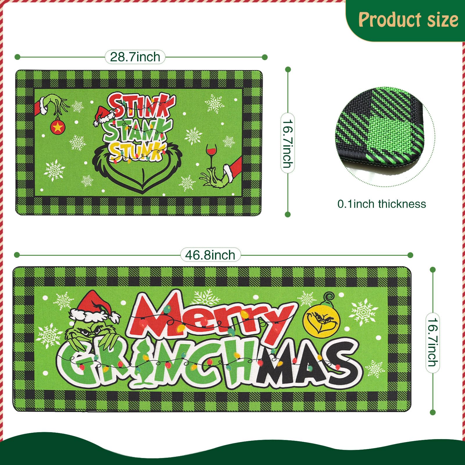 DIFKLMOX Merry Christmas Kitchen Rugs Kitchen Mat Set of 2, Christmas Red & Green Kitchen Decoration, Non Slip Absorbent Kitchen Mats for Floor Washable Runner Rug for Sink, Laundry Room