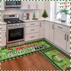 DIFKLMOX Merry Christmas Kitchen Rugs Kitchen Mat Set of 2, Christmas Red & Green Kitchen Decoration, Non Slip Absorbent Kitchen Mats for Floor Washable Runner Rug for Sink, Laundry Room