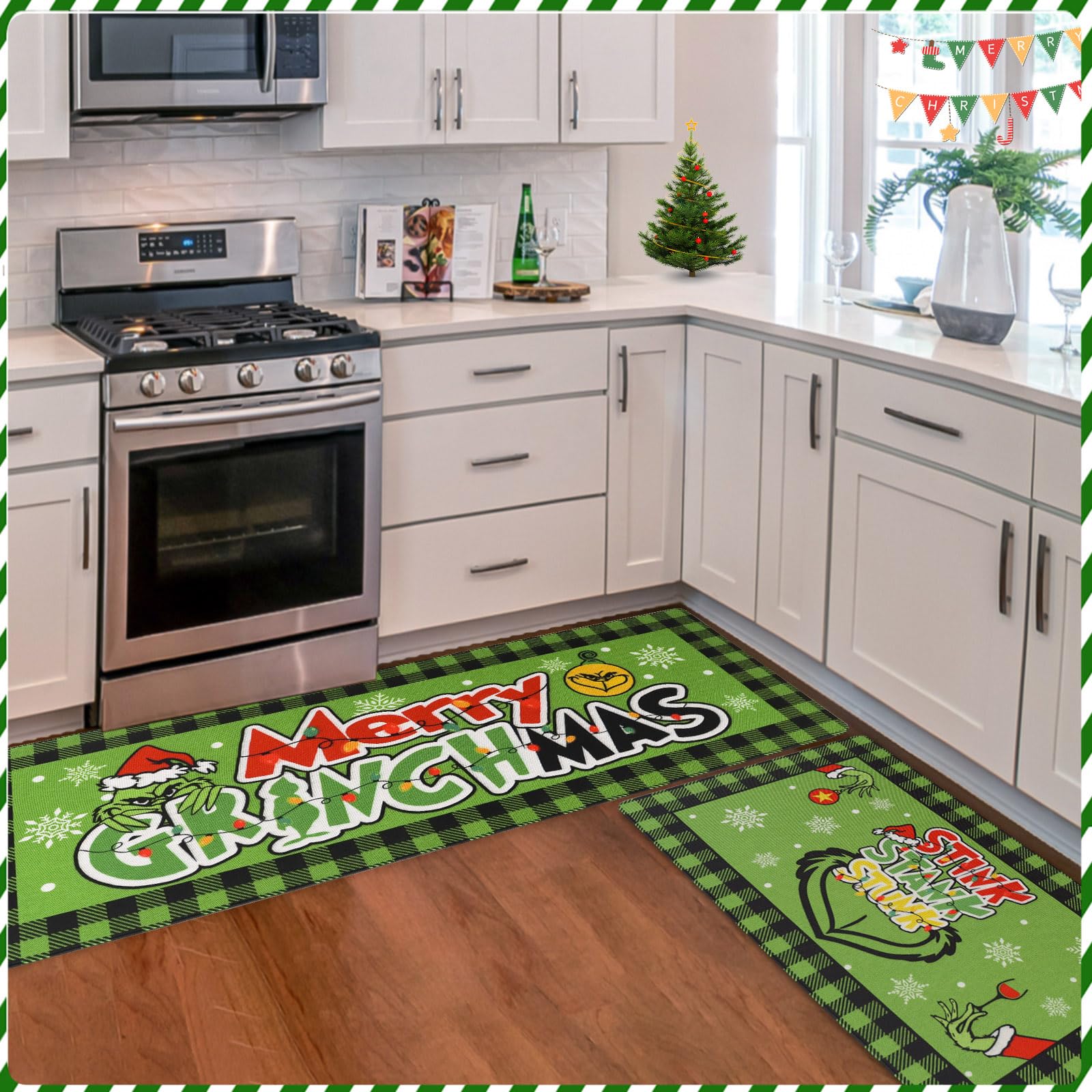 DIFKLMOX Merry Christmas Kitchen Rugs Kitchen Mat Set of 2, Christmas Red & Green Kitchen Decoration, Non Slip Absorbent Kitchen Mats for Floor Washable Runner Rug for Sink, Laundry Room