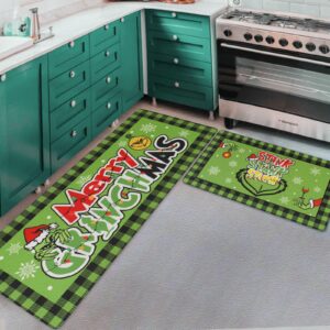 DIFKLMOX Merry Christmas Kitchen Rugs Kitchen Mat Set of 2, Christmas Red & Green Kitchen Decoration, Non Slip Absorbent Kitchen Mats for Floor Washable Runner Rug for Sink, Laundry Room