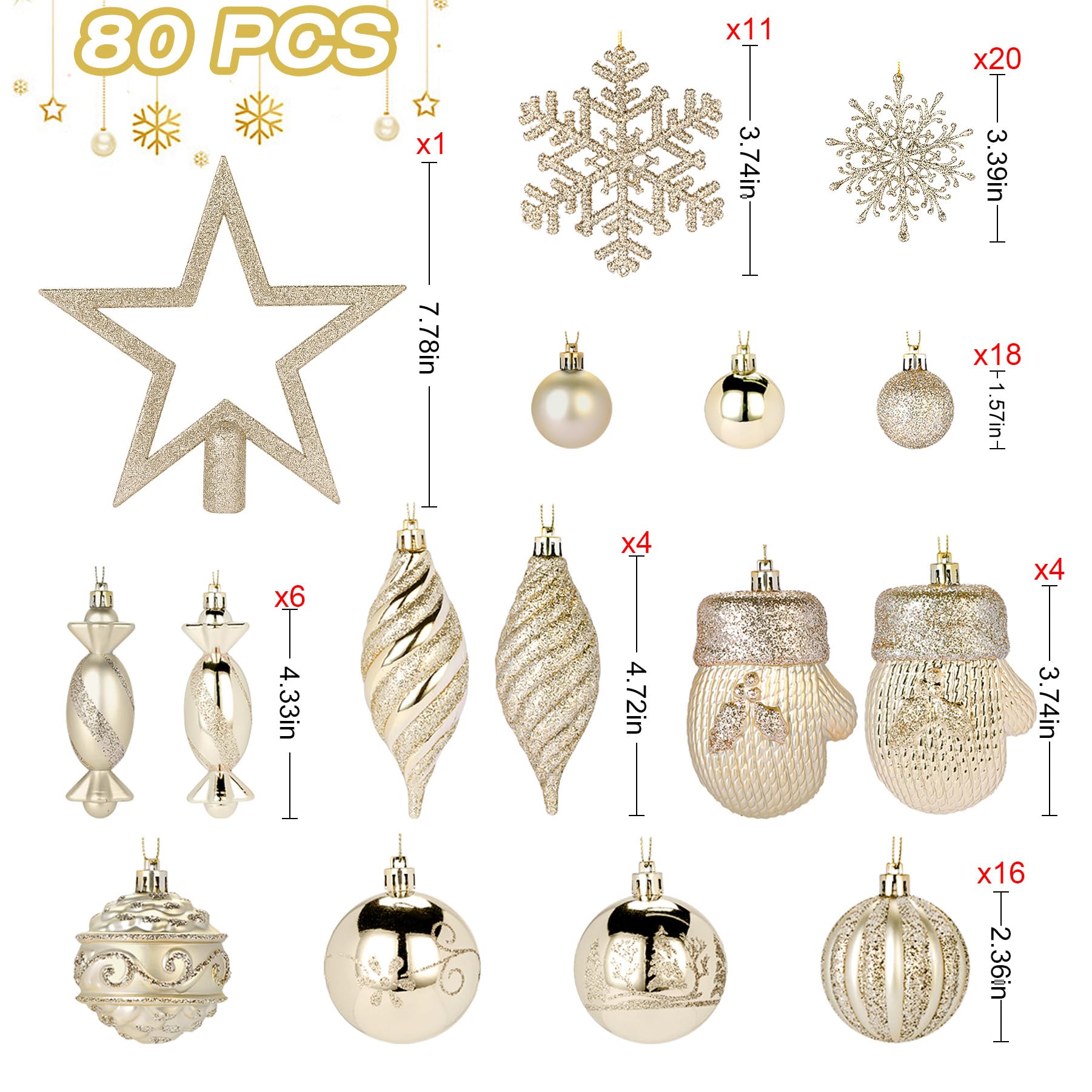 Alupssuc 80Pcs Christmas Balls Ornaments Set, Christmas Tree Decorations, Shatterproof Plastic Christmas Decor Hanging Balls with Hooks for X-mas Party Wedding Holiday, Champagne Gold