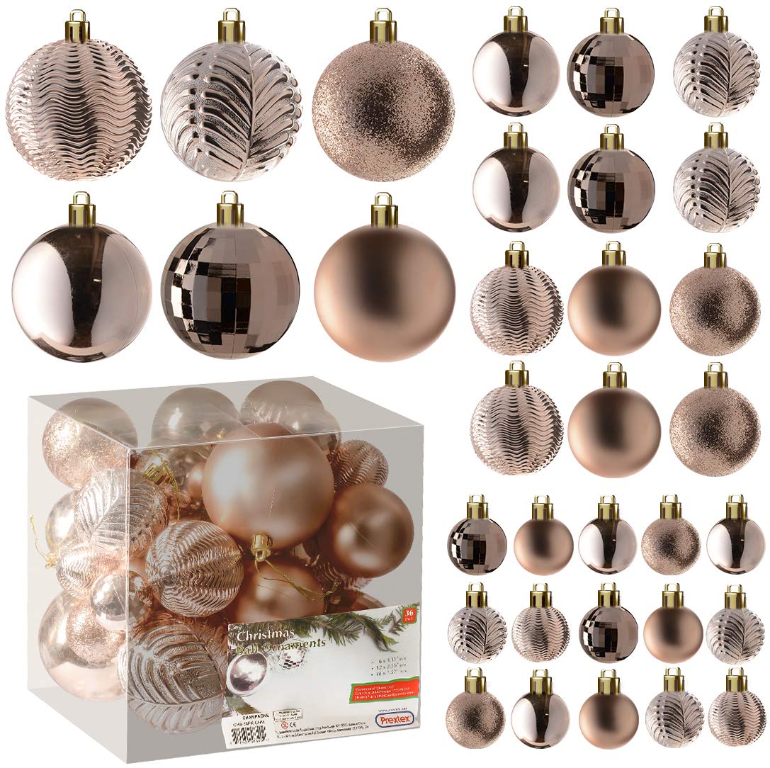 PREXTEX Champagne Christmas Ball Ornaments (36 pcs) - Shatterproof Xmas Tree Decorations with Hanging Loop in 6 Styles and 3 Sizes