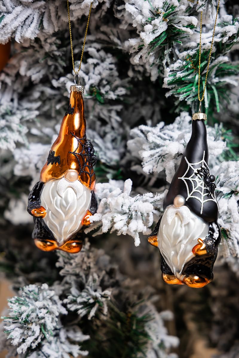 Set of 2 Hand Blown Glass Halloween Gnomes Ornaments for Christmas Tree Decorations, Hanging Glass Halloween Gnome Christmas Ornaments