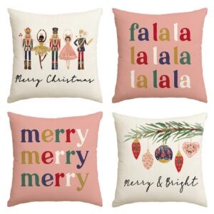 avoin colorlife merry christmas nutcracker pink throw pillow covers, 18 x 18 inch winter holiday party cushion case decoration for sofa couch set of 4