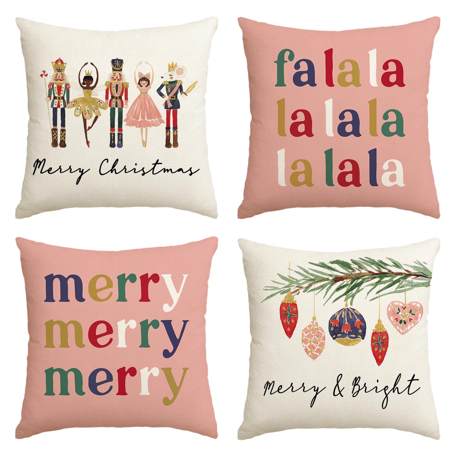 AVOIN colorlife Merry Christmas Nutcracker Pink Throw Pillow Covers, 18 x 18 Inch Winter Holiday Party Cushion Case Decoration for Sofa Couch Set of 4