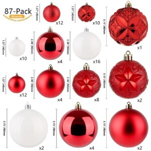 87-Pack Shatterproof Christmas Ball Ornaments Set, Christmas Tree Decorations with Hand-held Gift Package for Xmas Tree Holiday Wedding Party, Red