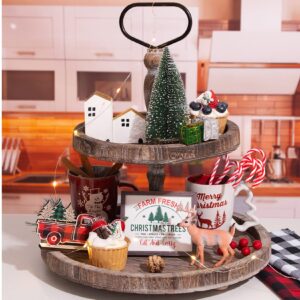 Christmas Decor - 14Pcs Christmas Decorations Indoor for Tiered Tray - Farmhouse Rustic Home Buffalo Plaid Kitchen Decor - Wooden Signs for Bathroom Table Bedroom (Not Included Tray) - White