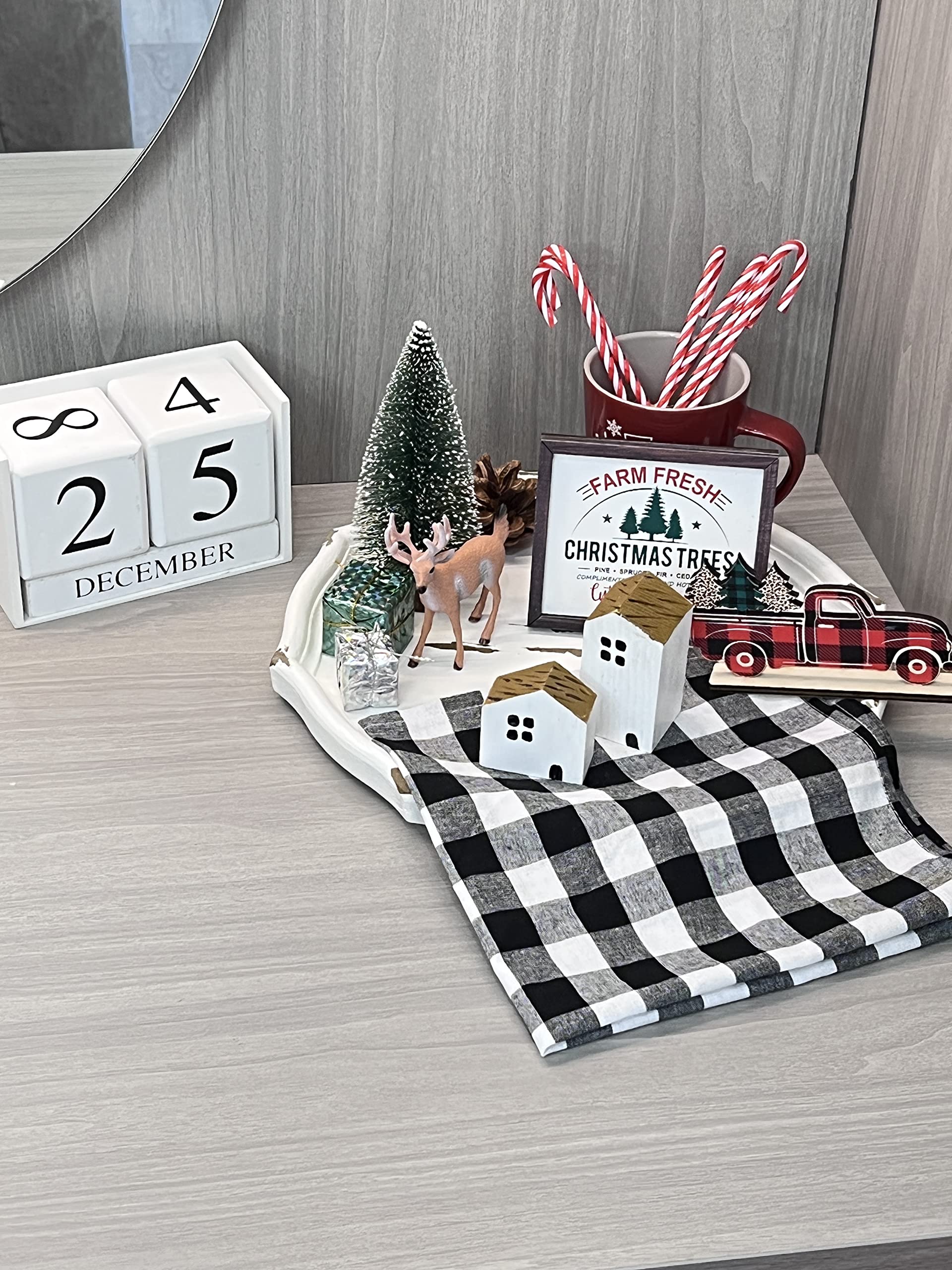 Christmas Decor - 14Pcs Christmas Decorations Indoor for Tiered Tray - Farmhouse Rustic Home Buffalo Plaid Kitchen Decor - Wooden Signs for Bathroom Table Bedroom (Not Included Tray) - White