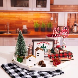 Christmas Decor - 14Pcs Christmas Decorations Indoor for Tiered Tray - Farmhouse Rustic Home Buffalo Plaid Kitchen Decor - Wooden Signs for Bathroom Table Bedroom (Not Included Tray) - White