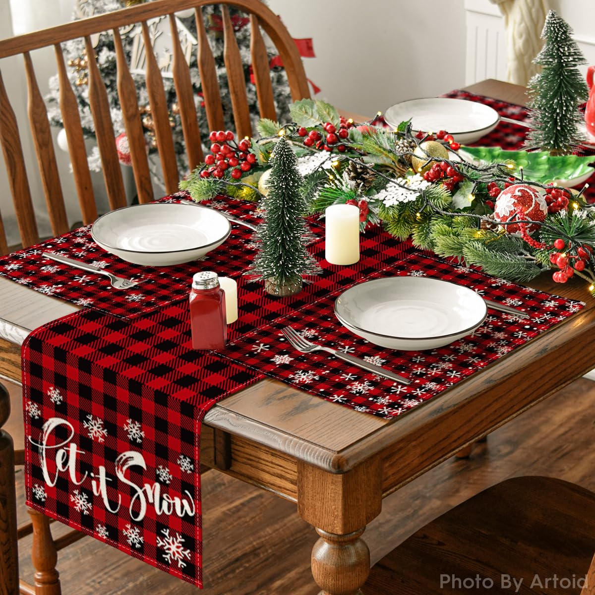 Artoid Mode Red and Black Buffalo Plaid Snowflakes Christmas Placemats Set of 2, 12x18 Inch Winter Table Mats for Party Kitchen Dining Decoration