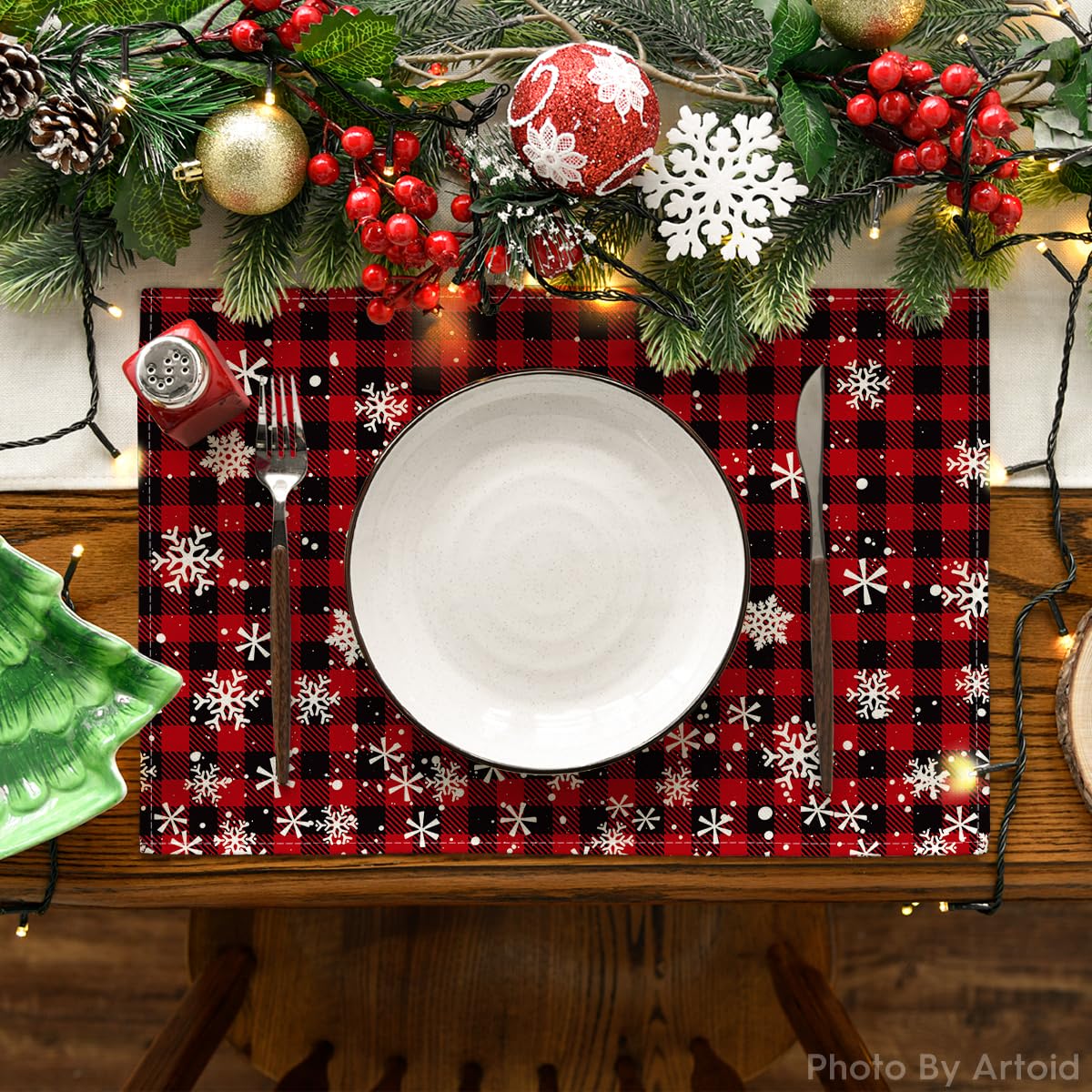 Artoid Mode Red and Black Buffalo Plaid Snowflakes Christmas Placemats Set of 2, 12x18 Inch Winter Table Mats for Party Kitchen Dining Decoration